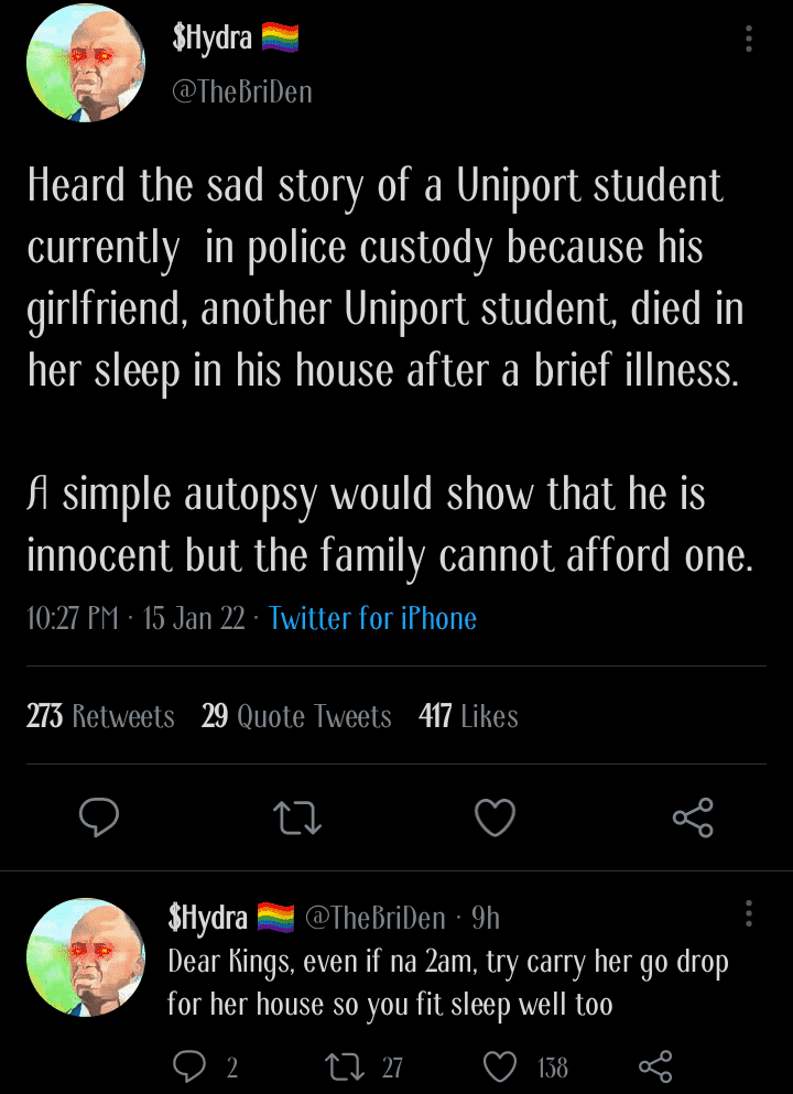 University student in big trouble after girlfriend dies in her sleep when she came to sleep over at his place
