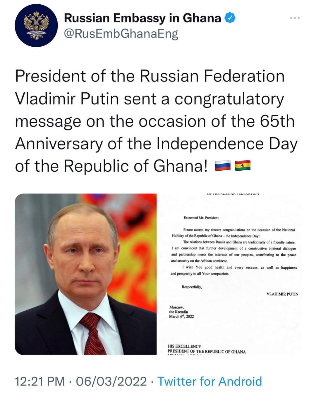 Putin congratulates Ghana