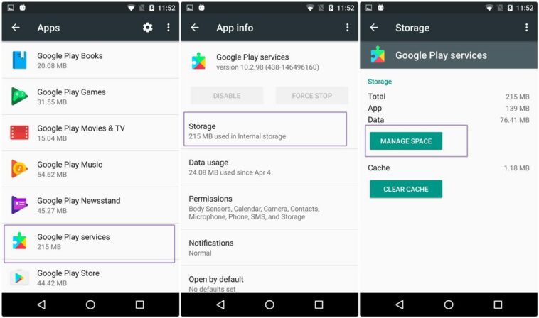 CLEAR GOOGLE PLAY SERVICES CACHE AND DATA