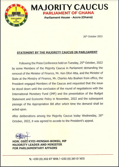 NPP MPs Accede To Akufo-Addo’s Appeal To Let Ofori-Atta