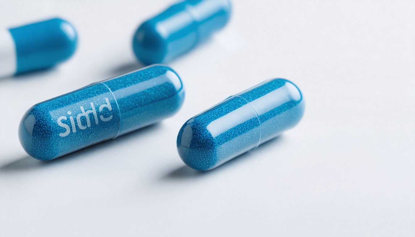 Blister pack of sildenafil tablets with a glass of water on a bedside table, symbolizing treatment for erectile dysfunction and pulmonary hypertension